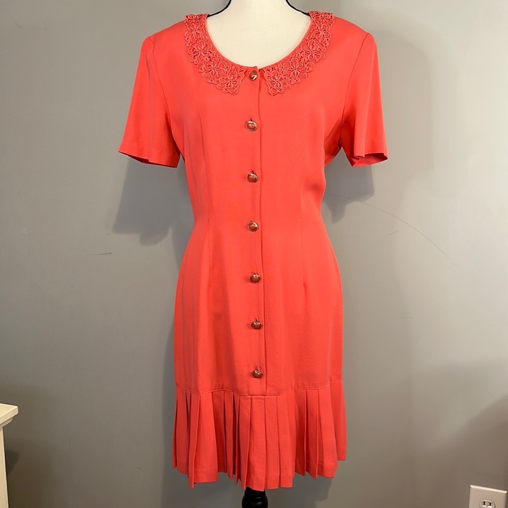 Vintage 1980s Peter Pan Collar Short Sleeve Pleated  Button Coral Pink Dress